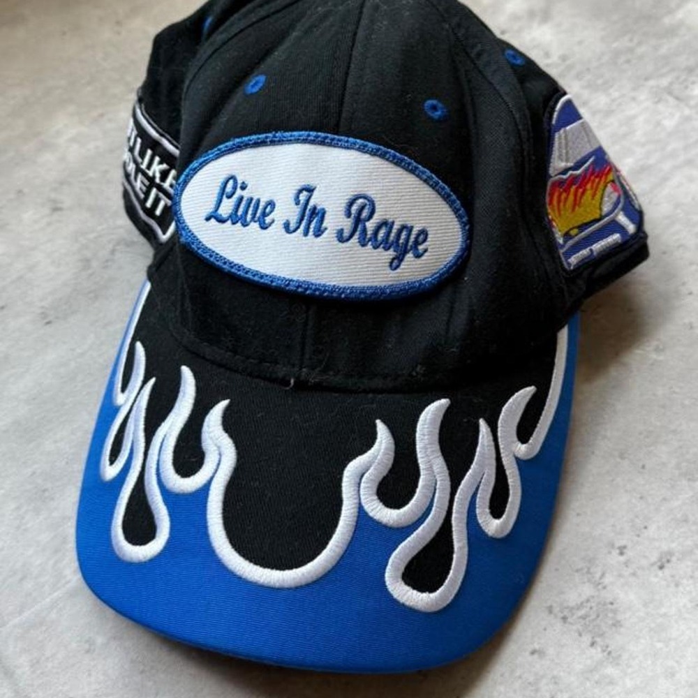 Live In Rage Ride It Like You Stole It Flame Racing Hat Black Blue Cap